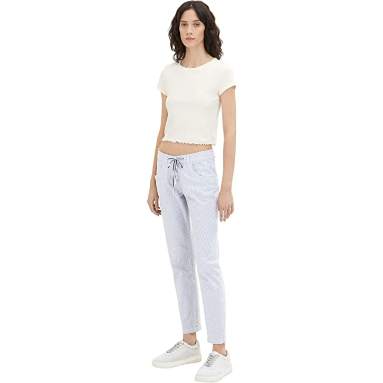 TOM TAILOR Women's tapered relaxed fit trousers with stripes, Blue Stripe Pants