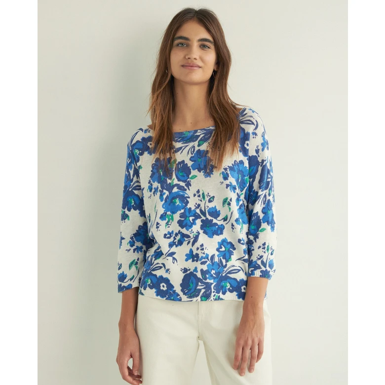 YERSE Πλεκτό floral print linen royal blue 38540