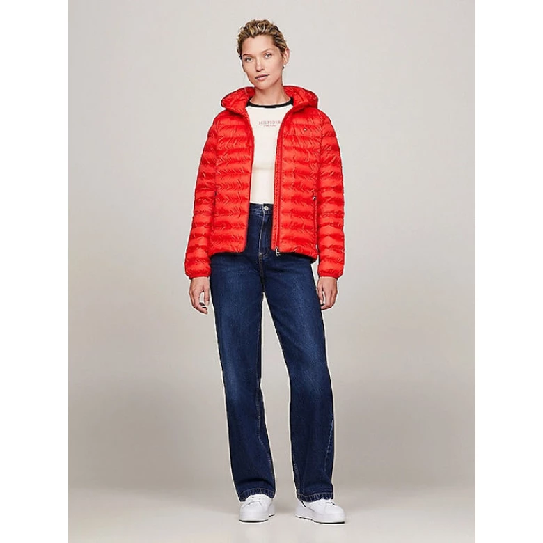 Tommy Hilfiger Κοντό Γυναικείο Puffer Μπουφάν για Χειμώνα Κόκκινο